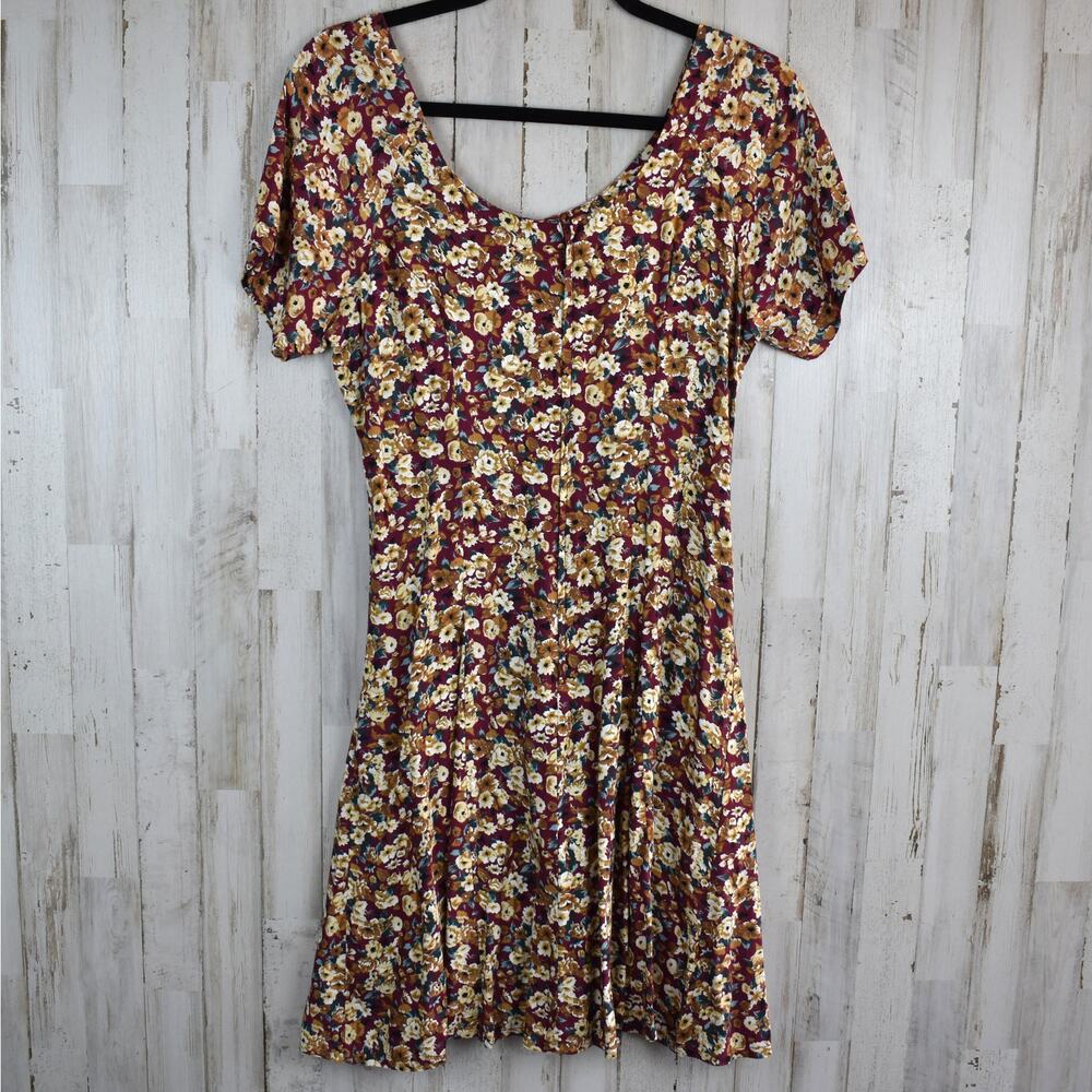 90s Vintage Floral Dress Women's Medium Red Brown Short Sleeve Cottage Grunge M - Picture 8 of 9
